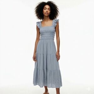 By the River Blue Smocked Tiered Dress Ruffle Straps Eyelet Detail Size Small